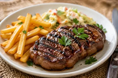 Grilled Steak Dinner with Fries and Parsley