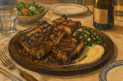 Grilled Steak Dinner on Wooden Board