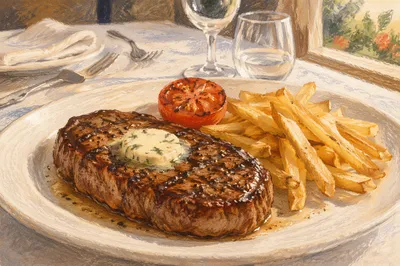 Grilled Steak Dinner with Fries and Tomato