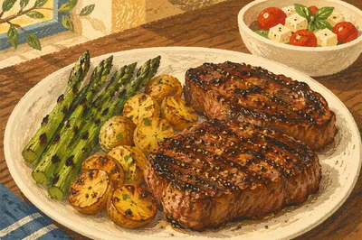 Hearty Grilled Steak Dinner on White Plate
