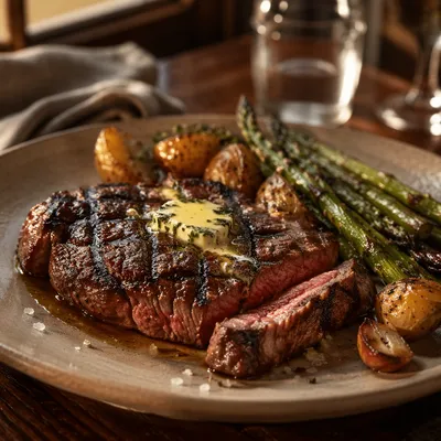 Juicy Grilled Steak Dinner Plate Close-Up