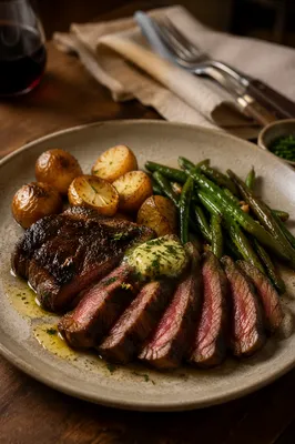 Grilled Steak Dinner in Warm Kitchen