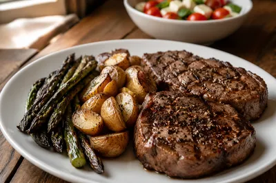 Hearty Grilled Steak Dinner on White Plate