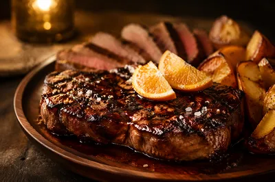 Grilled Steak Dinner on Rustic Plate