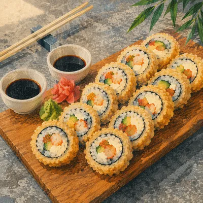 Golden Tempura Sushi Platter Close Up