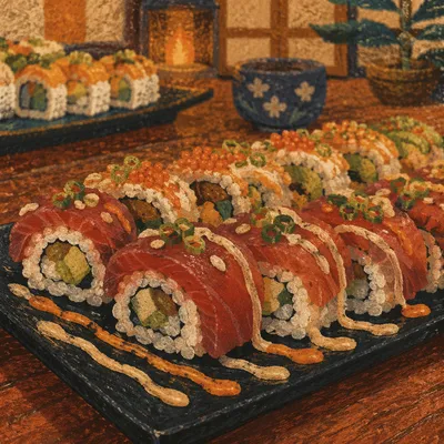 Close-Up Assorted Sushi Platter on Black Plate