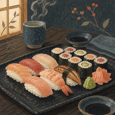 Elegant Japanese Sushi Platter Close Up