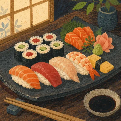 Elegant Japanese Sushi Platter Close Up