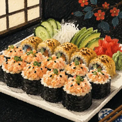 Close-Up Japanese Sushi Platter Feast