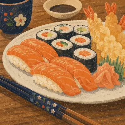 Close-Up Japanese Sushi Platter on Wooden Table