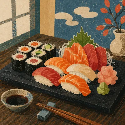 Elegant Japanese Sushi Platter Close Up