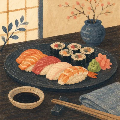Elegant Japanese Sushi Platter Close Up