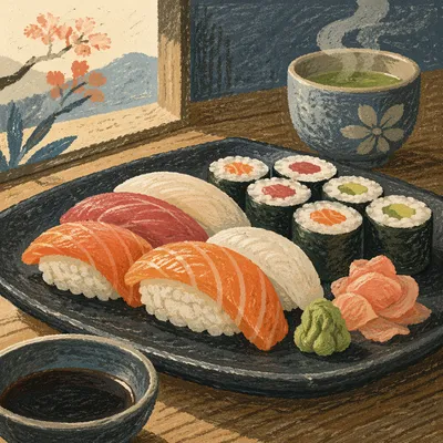 Elegant Sushi Platter on Black Ceramic Plate
