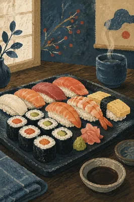 Elegant Japanese Sushi Platter Close Up