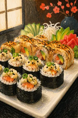 Close-Up Japanese Sushi Platter on Black