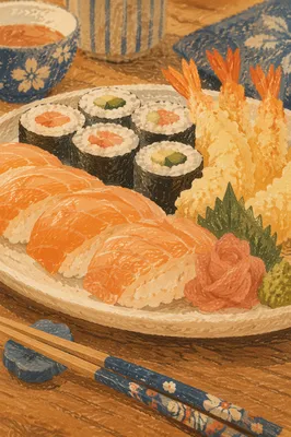Close-Up Japanese Sushi Platter on Wood