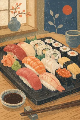 Japanese Sushi Platter on Black Ceramic Tray