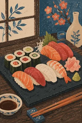 Elegant Japanese Sushi Platter Close Up