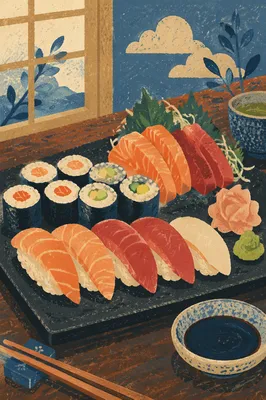 Elegant Japanese Sushi Platter Close Up
