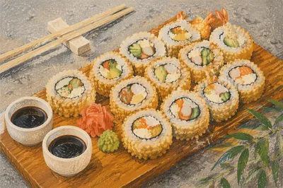 Close Up Japanese Tempura Sushi Platter
