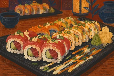 Assorted Sushi Platter on Wooden Table