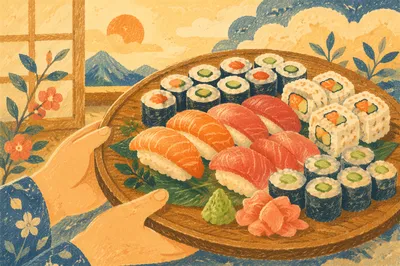 Warm Close Up of Assorted Sushi Platter