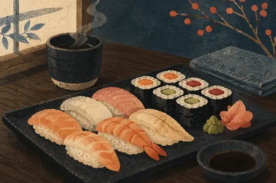 Elegant Japanese Sushi Platter Close Up