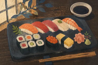 Elegant Japanese Sushi Platter Close Up