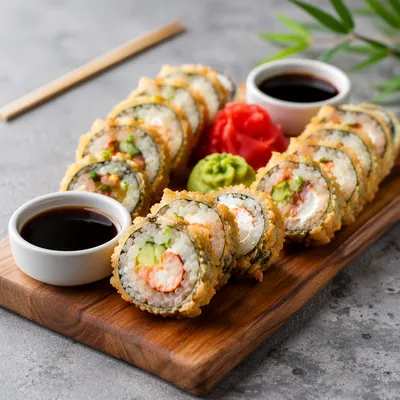 Close-Up Tempura Sushi Platter on Wood