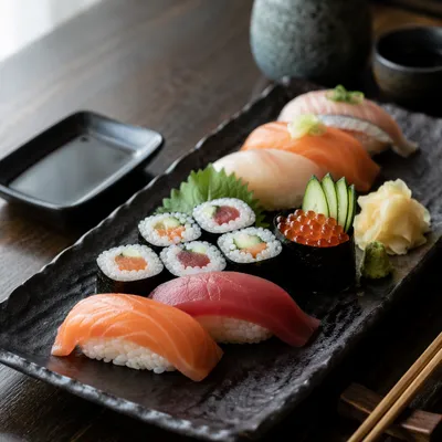 Elegant Japanese Sushi Platter Close Up