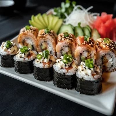 Close-Up Japanese Sushi Platter on Black