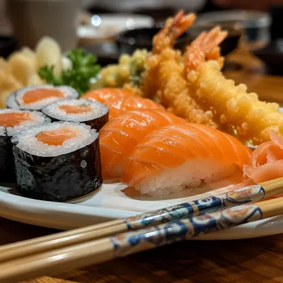 Close-Up Japanese Sushi Platter on Wood