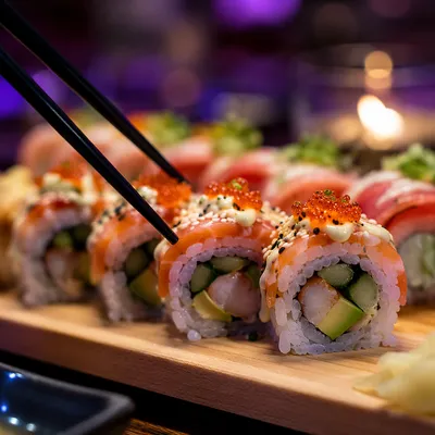 Assorted Sushi Platter Close-Up with Chopsticks