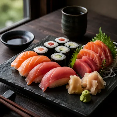 Elegant Japanese Sushi Platter Close Up