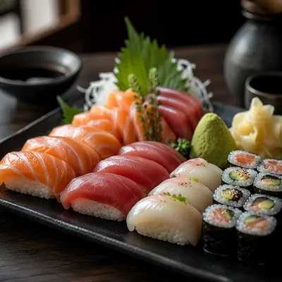 Elegant Japanese Sushi Platter Close Up