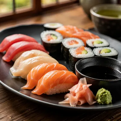 Elegant Sushi Platter on Black Ceramic Plate