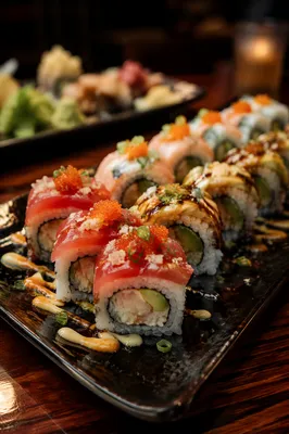 Assorted Sushi Platter on Black Ceramic Plate