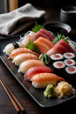 Elegant Japanese Sushi Platter Close Up