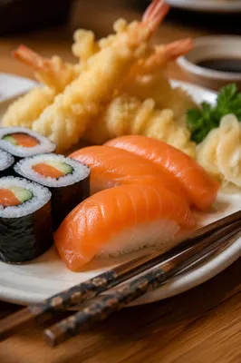 Close-Up Japanese Sushi Platter on Table