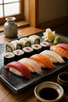 Elegant Japanese Sushi Platter Close Up