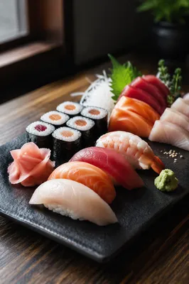 Elegant Japanese Sushi Platter Close Up