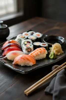 Elegant Japanese Sushi Platter Close Up