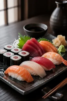 Elegant Japanese Sushi Platter Close Up