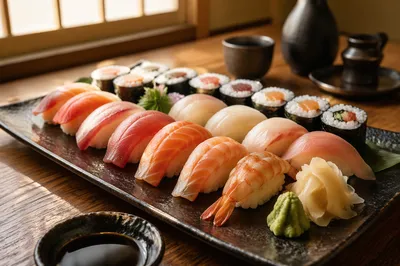 Elegant Japanese Sushi Platter Close Up