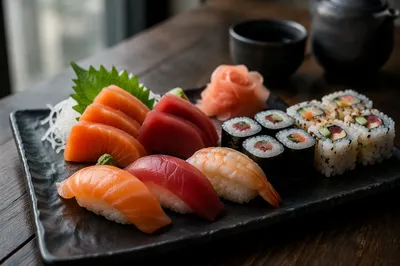 Elegant Japanese Sushi Platter Close Up