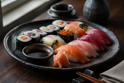 Elegant Japanese Sushi Platter Close Up