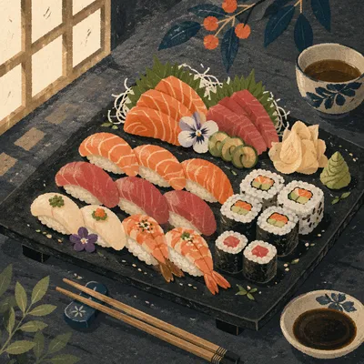 Elegant Sushi Platter on Black Tray