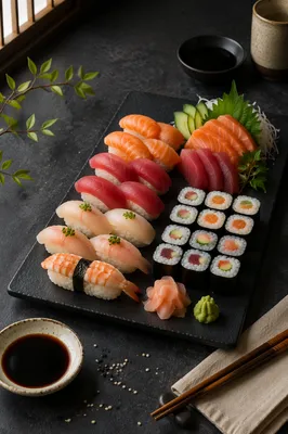 Elegant Sushi Platter on Black Tray