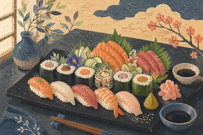 Elegant Sushi Platter on Black Tray