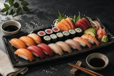Elegant Sushi Platter on Black Tray